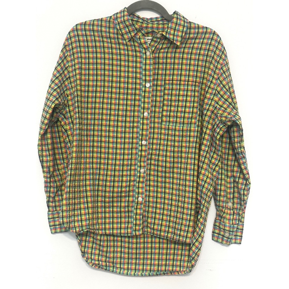 Aerie Rainbow Plaid Button Down Shirt XXS Colorful Long Sleeve High Low Hem